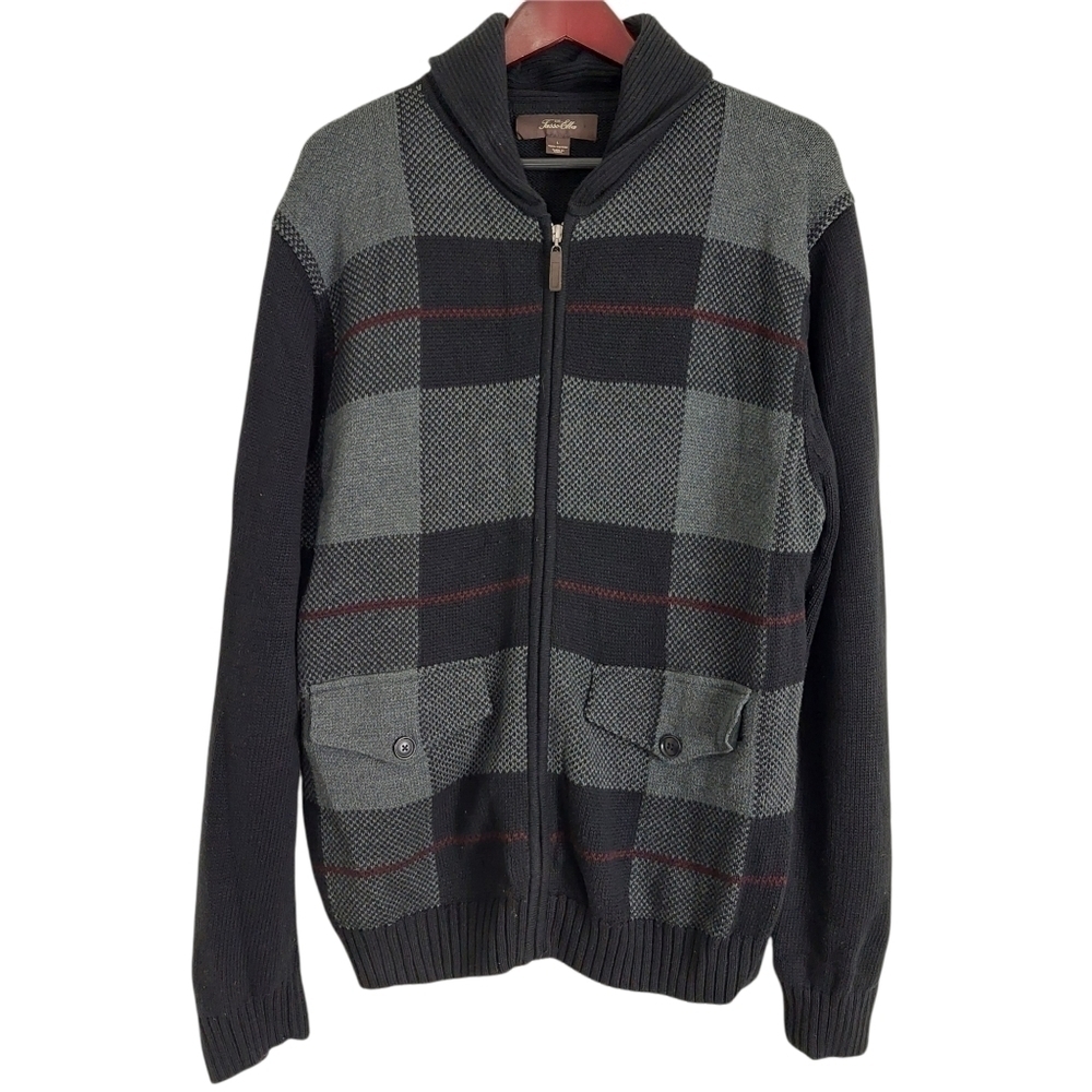 Tasso Elba Men's Size Large Zip-Front Cardigan Sweater Black Gray‎ Plaid Pockets